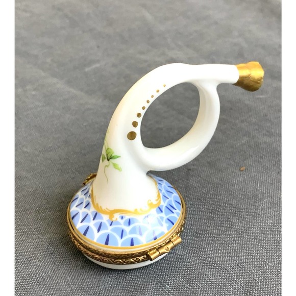VTG Signed Limoges France French Horn Trinket Box Peint Main Herend Fishnet - Picture 2 of 8